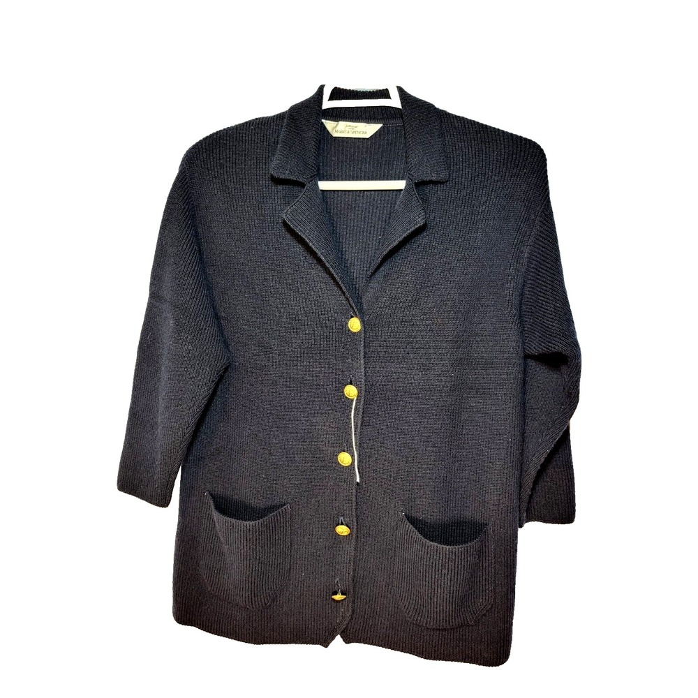 St Michael Navy Gold Button Front‎ Wool Knit Jacket Pockets US 6 /UK 8 Classic